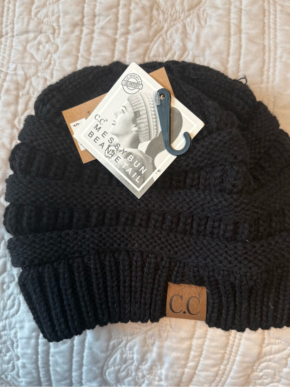 NWT C.C Black Cable Knit Messy Bun Ponytail Beanie Winter Hat